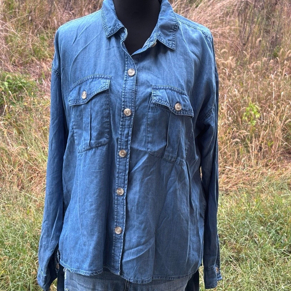 Chambray Button Down Shirt Womens S Blue Denim Long Sleeve Relaxed Fit Casual